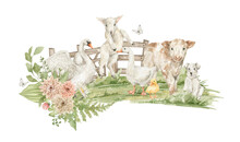 Watercolor Rural Scene With Green Field, Fence, Swan, Goose, Lamb, Calf, Dog, Floral Arrangement, Leaves, Butterfly. Outdoor Village Composition. Summer Landscape Illustration