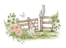 Watercolor Rural Scene With Green Field, Fence, Cat, Cute Dog, Floral Arrangement, Leaves, Butterfly. Outdoor Village Composition. Summer Landscape Illustration