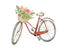 Watercolor Red Bicycle With Basket With Summer Flowers. Retro Bike, Vintage Transport