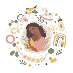 Wall Mural - Happy black african american mother holding her little baby. Baby care accessories and items. Newborn boho baby.