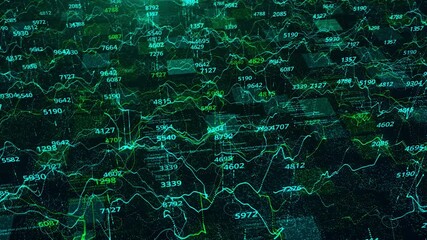 Poster - Technological background with the analytics and statistics data with graphs on black background. Animation. Green and blue changing graphics and numbers.