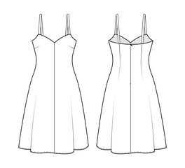 Fashion technical drawing od silk dress with straps. Fashion illustration of elegant dress.