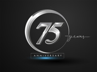 75 Years Anniversary Celebration. Anniversary logo with ring and elegance silver color isolated on black background, vector design for celebration, invitation card, and greeting card