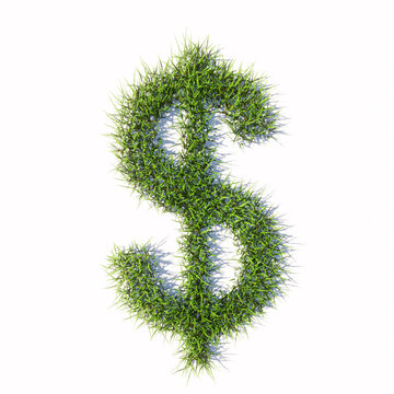 Concept or conceptual green summer lawn grass symbol isolated  white background, dollar sign.  3d illustration metaphor for nature, conservation, organic, growth, environment, ecology