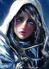 A Beautiful Sensual Pretty Paladin Girl With Blue Eyes In A White Hood And Armor Made Of Blue Metal, She Has A Penetrating Charming Look. 2d Illustration