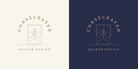 Wall Mural - pray hands gesture logo emblem design template vector illustration in minimal line art style