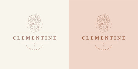 Wall Mural - beauty female portrait with floral decor logo emblem design template vector illustration in minimal 