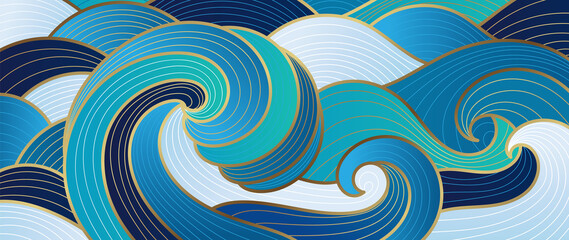 navy blue gold abstract wave line arts background vector. luxury wall paper design for prints, wall 