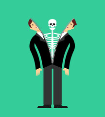 Fototapete - Skeleton inside person. Skeleton climbs out of man. Skin anatomical human suit