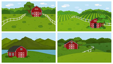 Set Of Vector Green Hill Landscape. Illustration Collection Of Hand Drawn Outline Panorama Field Landscape, Cloud Sky, Red Barn, Mountains, River, Stream, White Fence, Forest