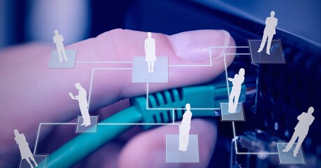 Poster - Composition of network of people icons over close up of person plugging cable into computer server