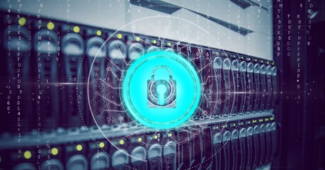 Poster - Composition of data processing and online security padlock icon over close up of computer server