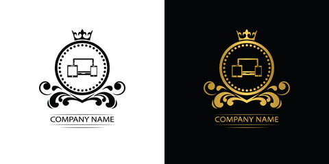 Poster - Smart Devices logo template luxury royal vector service company. Phone , tablet, laptop , computer shop decorative emblem with crown	
