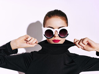 woman wearing sunglasses red lips fashion luxury studio isolated background