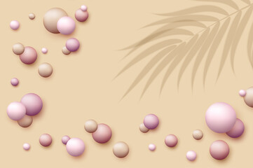 Poster - Vector dynamic background with colorful realistic 3d balls. Round sphere in pearls pastel colors with overlay palm leaves shadow. Powder balls, foundation, powder, blush, meteorites.