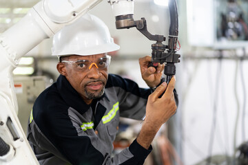 Wall Mural - African American male engineer worker maintenance automatic robotic arm machine in factory. Black male technician worker checking, repair automatic robot hand machine with screwdriver in smart factory
