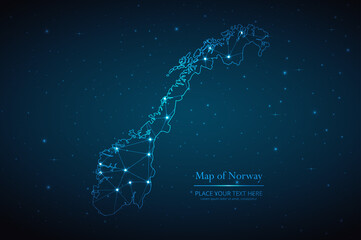 abstract map of norway geometric mesh polygonal network line, structure and point scales on dark bac