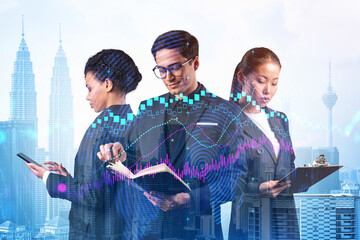 Group of business colleagues in suits as a part of multinational corporate team working on forecasting trading corporate strategy at fund. Forex chart. Kuala Lumpur on background. Double exposure