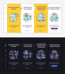 Energy industry directions onboarding vector template. Responsive mobile website with icons. Web page walkthrough 4 step screens. Plants stagnation night and day mode concept with linear illustrations