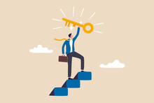 Key To Business Success, Stairway To Find Secret Key Or Achieve Career Target Concept, Businessman Winner Walk Up To Top Of Stairway Lifting Golden Success Key To The Sky.