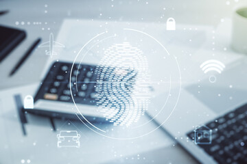 Poster - Double exposure of virtual creative fingerprint hologram on blurry calculator with laptop background, research and development concept