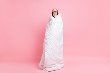 Sticker - Photo of charming pretty young woman sleepwear mask covering big white duvet isolated pink color background