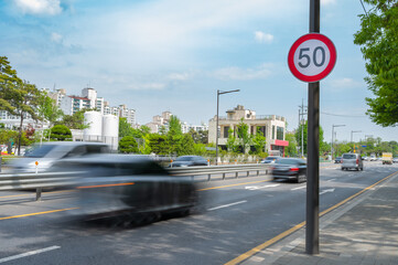 Traffic signs speed limit on the road