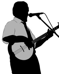 Canvas Print - Man whit banjo guitar perform on stage. Isolated silhouettes of people on a white background