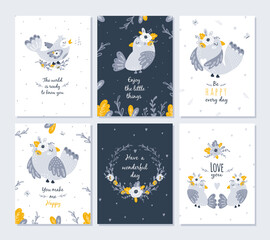 Wall Mural - Set of cards with cute birds and flowers. Vector illustration