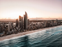 Aerial View Of Surfers Paradise Skyline At Sunset, Gold Coast, Australia.