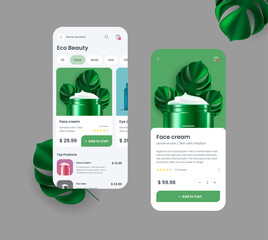 Generic and fictional mobile application for online shopping with interface elements, bright 3d illustration of creme jar with palm leaves
