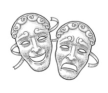 Comedy And Tragedy Theater Masks. Vector Engraving Vintage Black Illustration