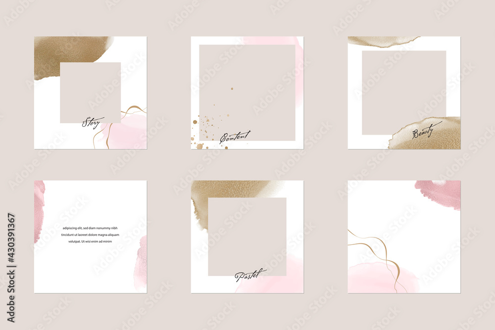 Instagram social media story post feed background or web banner template. minimal shiny pink nude gold watercolor abstract shape vector  mockup layout. for beauty, jewelry, cosmetics, wedding, make up - obrazy, fototapety, plakaty 