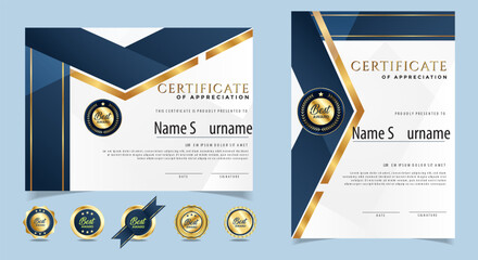 certificate of appreciation template, gold and blue color. clean modern certificate with gold badge.