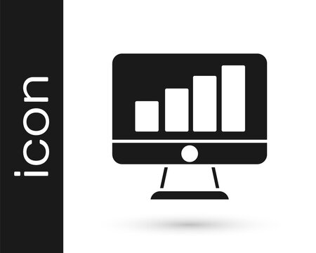 Black Computer monitor with graph chart icon isolated on white background. Report text file. Accounting sign. Audit, analysis, planning. Vector