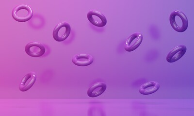 Poster - Gradient pink and lilac abstract background with flying rings. 3d rendering