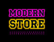 © Popskraft - Vector trendy banner Modern Store. Bright Violet Font. Glowing Alphabet Letters and Numbers set