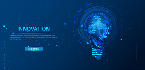 Poster - Abstract low-poly light bulb with gears inside. The Internet Technology triangle icon is a concept of a polygonal network. An idea, electricity, innovation, or other conceptual illustration.