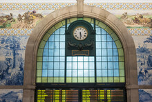 Portugal, Porto, Clock And Tiles At Historical Sao Bento Train Station