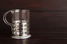 Traditional Tea Glass Holder On Wooden Table, Space For Text
