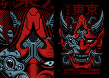 Cyberpunk Samurai Vector Illustration, Japanese Oni Robot In Cyberpunk Style, This Design Can Be Used As A Shirt Print As Well As For Many Other Uses.