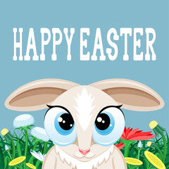 Poster - Illustration for Happy Easter with Easter bunny on blue background. 