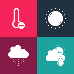 Canvas Print - Set pop art Cloud with rain and sun, , Sun and Meteorology thermometer icon. Vector