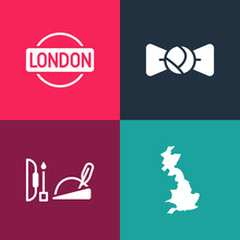 Set Pop Art England Map, Robin Hood Hat, Bow Tie And London Sign Icon. Vector