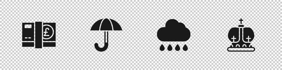 Poster - Set Pound sterling money, Umbrella, Cloud with rain and British crown icon. Vector