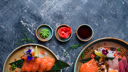 Wall Mural - Sashimi set, Japanese food sashimi a traditional dish of raw fish served on the table with copy space