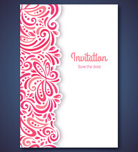 Fashionable Wedding Invitation Card Template With Pink Swirl Abstract Pattern. Vector Illustration. Invitation Or Announcement Save The Date. Pastel Rose Color, Bridal Lace Texture. Curls Ornament.