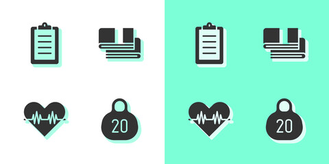 Sticker - Set Kettlebell, Sport training program, Heart rate and Towel stack icon. Vector