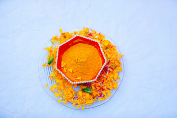 Poster - Traditional wedding ceremony in Hinduism: Turmeric in plate for haldi ceremony