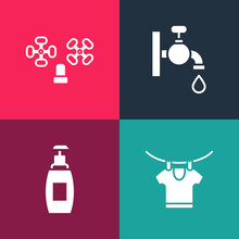 Set Pop Art Drying Clothes, Bottle Of Liquid Soap, Water Tap And Icon. Vector